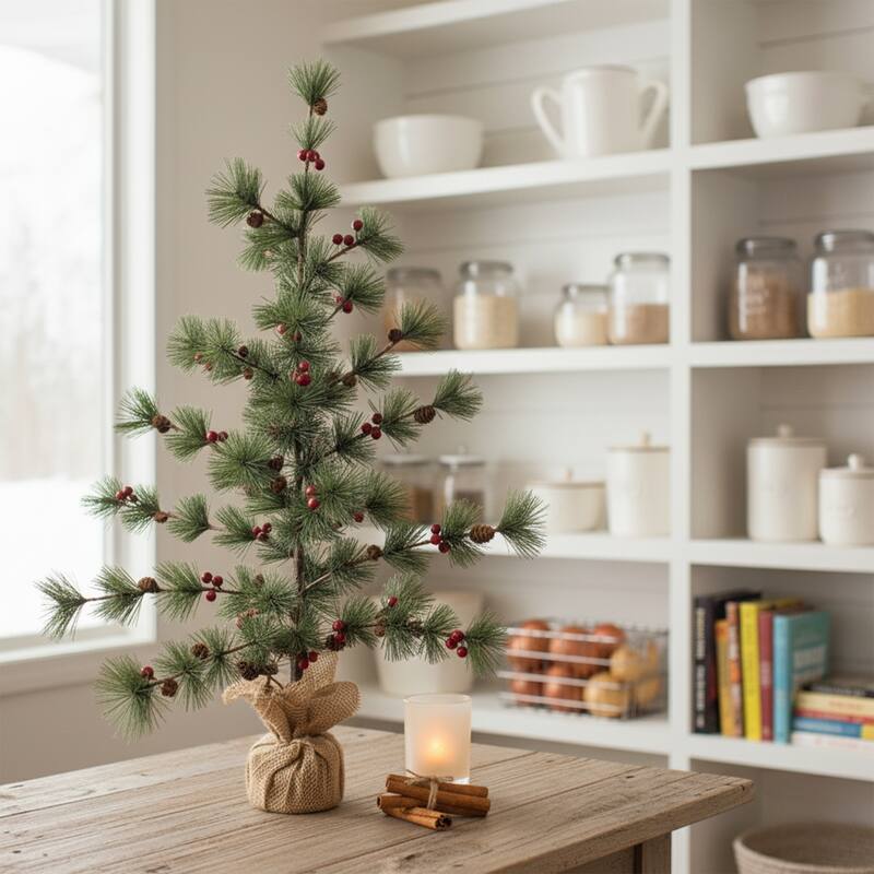 35.25" Winter Berry Pine Tree Pine Cones in Jute Base Christmas Decor - 3 Foot