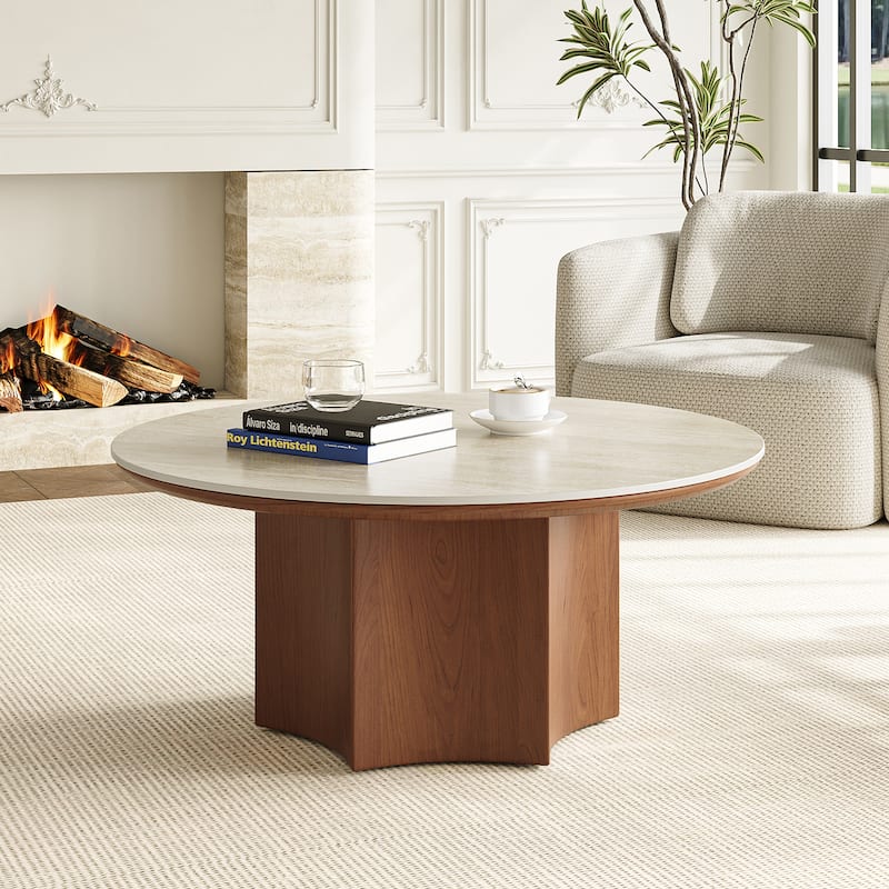 Mid-century Modern Coffee Table,35.43" With Sintered Stone Table Top, Solid Wood Legs - Bown Wood