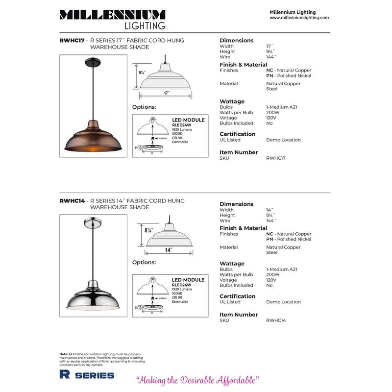 Millennium Lighting R Series 17" Metal Cord Hung Warehouse Shade Indoor/Outdoor Pendant Light
