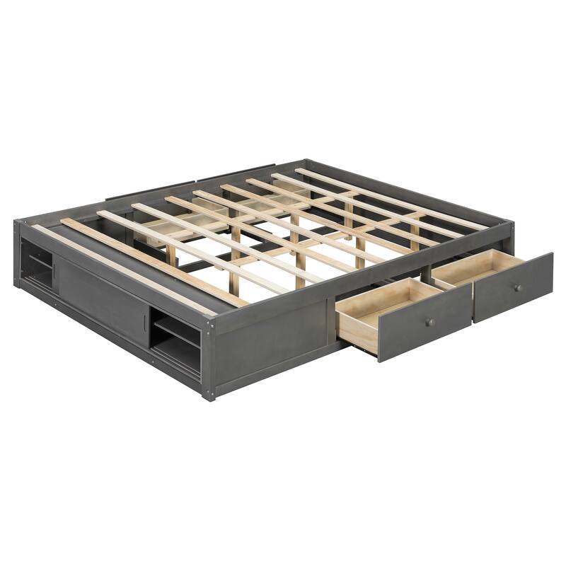 Queen Size Platform Bed Open Frame with Footboard Storage and 4 Drawers
