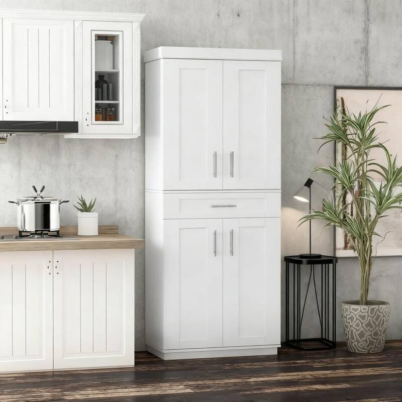 Kitchen Hutch Storage Cabinet, Modern White Pantry with 4 Doors and Drawers, Freestanding Cupboard Sideboard Buffet Cabinet