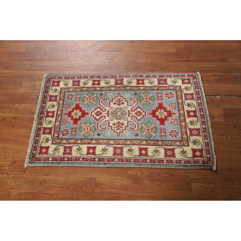 Geometric Blue Kazak Oriental Foyer Rug Handmade Wool Carpet - 2'0" x 3'0"