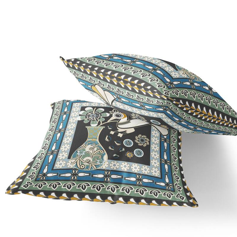 HomeRoots Set of Two 16" X 16" Black and Blue Peacock Blown Seam Floral Indoor Outdoor Throw Pillow - 16.00' X '16.00' X '5.00