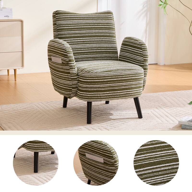 Modern style armchair with sanded fabric, Side storage pocket, Solid wood legs, Comfortable reading chair for living room - Olive Green