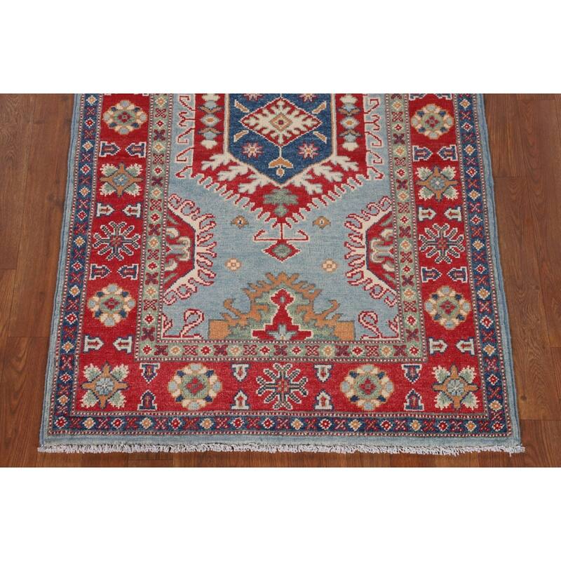 Light Blue Geometric Kazak Rug Handmade Traditional Wool Carpet - 3'0" x 4'11"