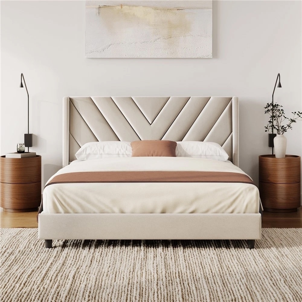 Queen Upholstered Bed Frame with Wing Side Headboard Beige