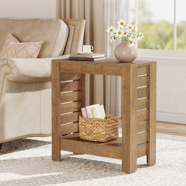 2-Tier End Table with Slatted Accents, Open Shelves, Cross-bracing