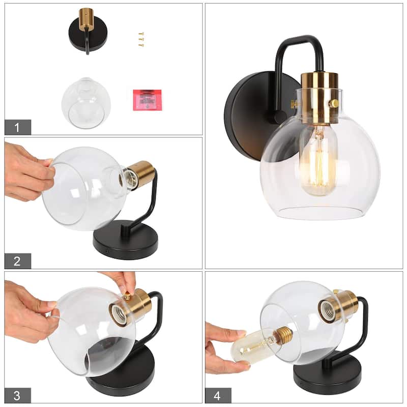 Modern 1-Light Black Gold Wall Sconces Dimmable Bathroom Vanity Light with Globe Glass - 5.5" L x 8" W x 8.5" H