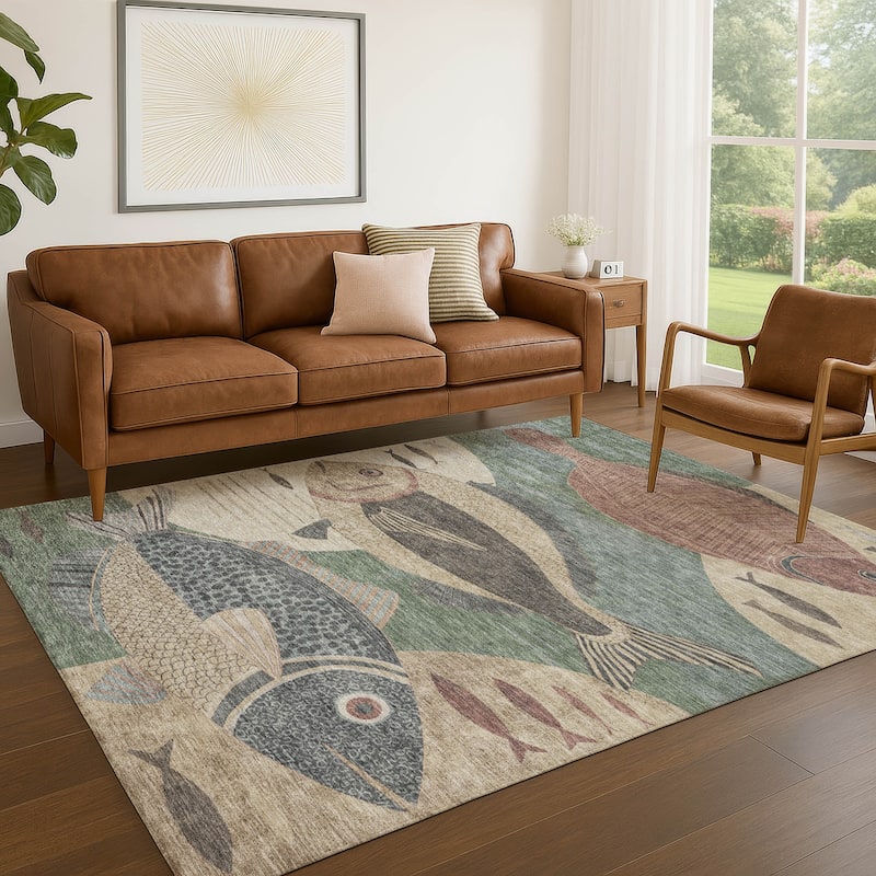 Machine Washable Indoor/ Outdoor Modern Fish Chantille Rug