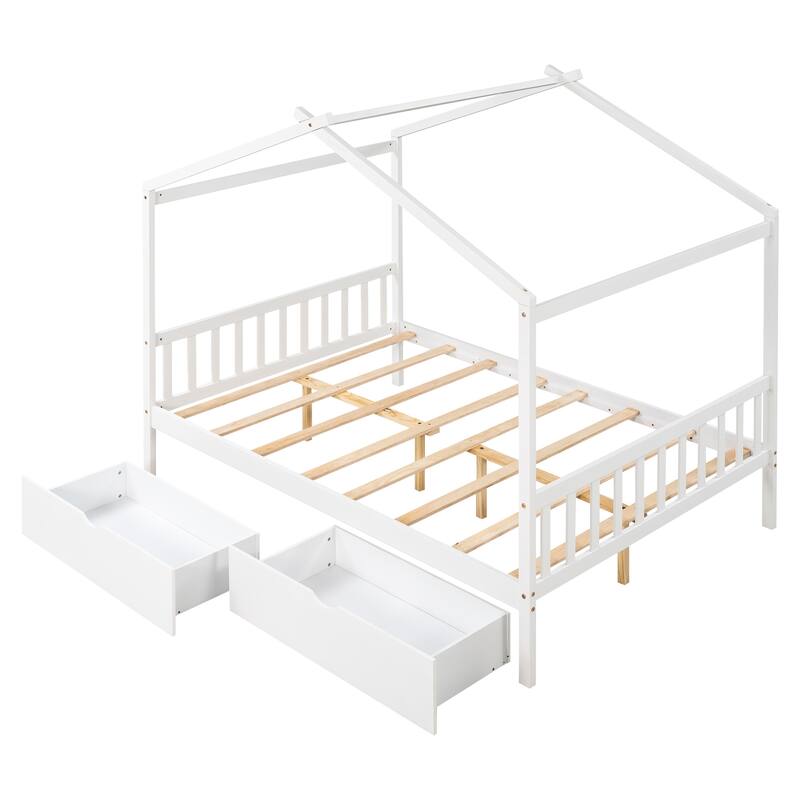 Full Size House Platform Bed with Storage Drawers, Roof, Headboard and Footboard