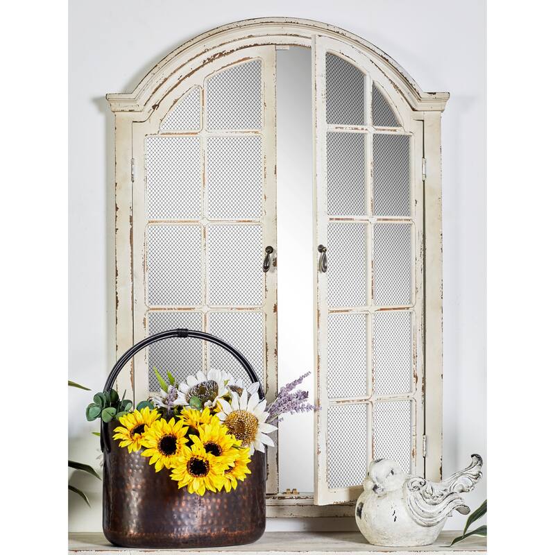 Wood Window Pane Inspired Wall Mirror with Arched Top and Distressing - Cream - Roche River Decor - 2"Wx31"Lx45"H