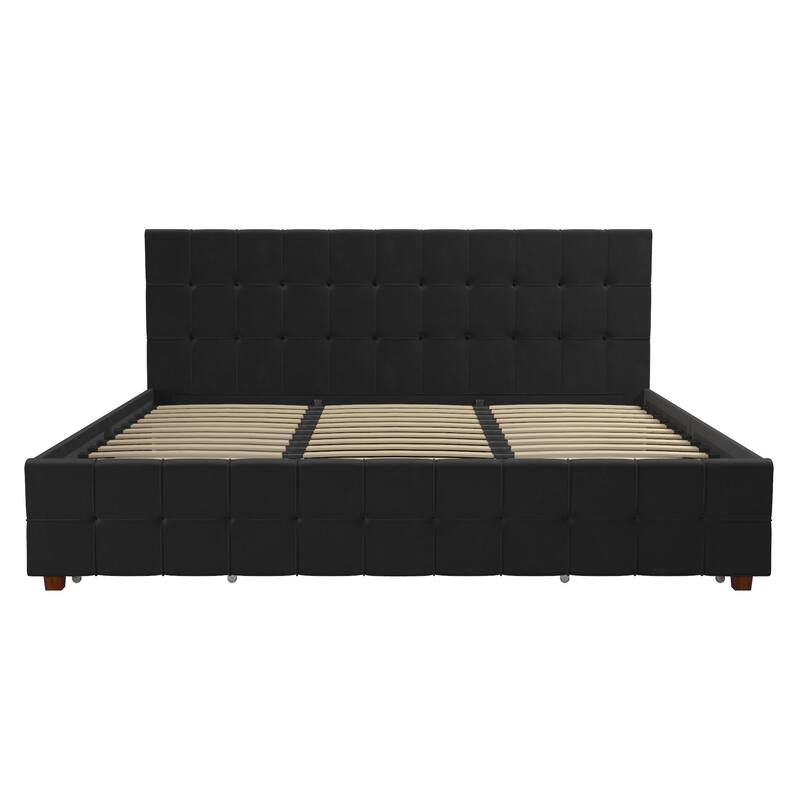Roomfitters King Velvet Upholstered Bed Frame with Storage Drawers and Square Tufted Headboard, Black