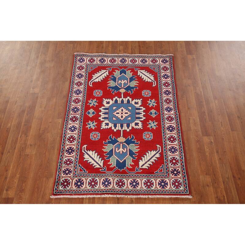 Geometric Red Kazak Accent Rug Handmade Traditional Wool Carpet - 3'4"x 4'11"