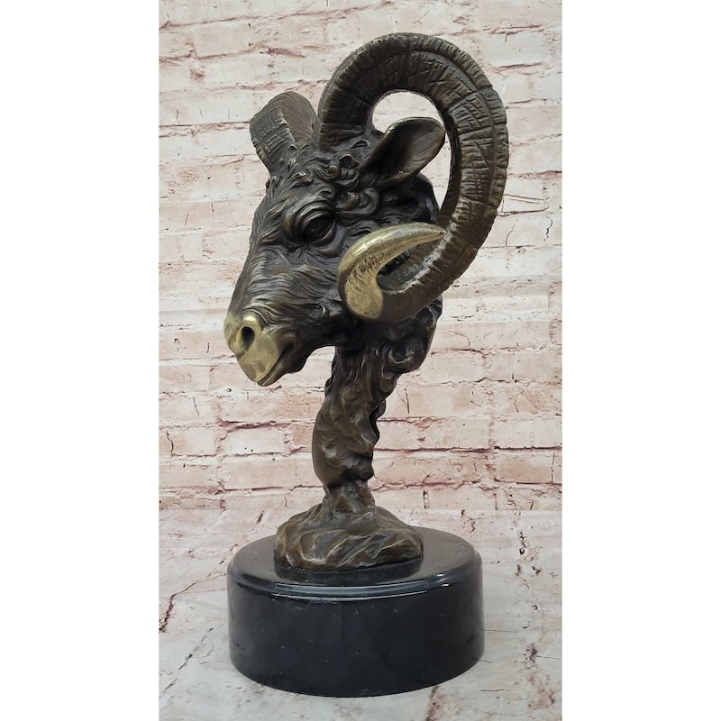 Rams Head Bust Bronze Metal Sculpture Statue On Marble Base Signed Original Art 17 Inches X 10 Inches
