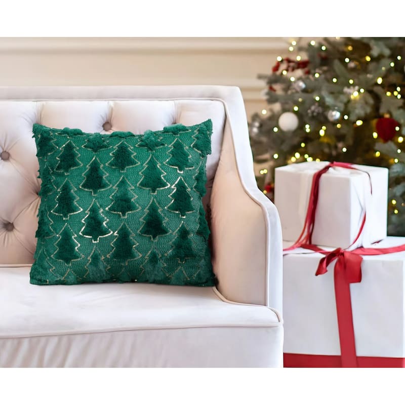 Tree Embroidered Pillow with Sequins - Green