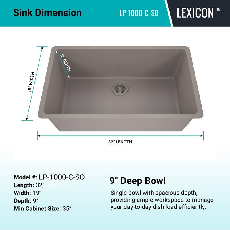 Lexicon Kitchen Sink Quartz Composite 32 Inch Galaxy Concrete - 19x32