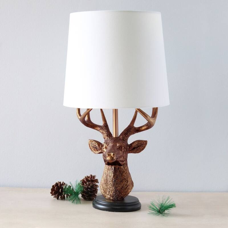 Copper Deer Head Table Lamp Rustic Style White Fabric Shade Accessible Switch - 9.50” x 9.50” x 17.25”