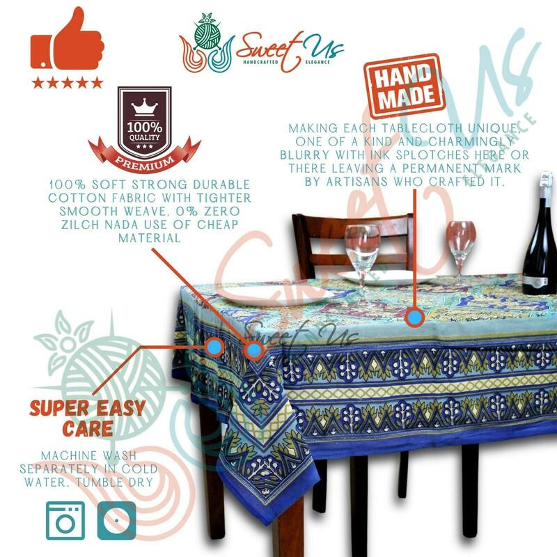 Heavy Cotton Floral Diamonds Tablecloth Rectangle Blue Gold