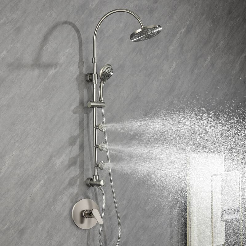 Riviera 8-in Rain Showerhead Shower System with 3-Body Jets Pivoting Shower Arm and Multi-function Handshower Brushed Nickel