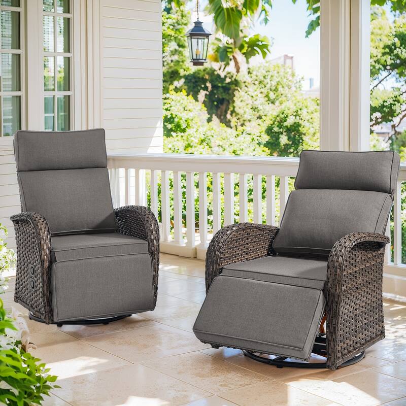 Pocassy Swivel Reclining Chair Lounge Chair with Adjustable Backrest - Gray Cushion - Browm Wicker - 2-Piece Recliner Swivel Chair