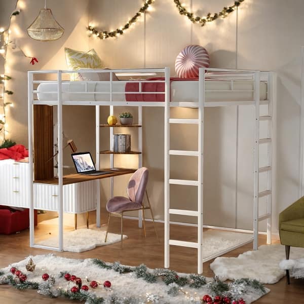 slide 2 of 28, Full Metal Loft Bed with 2 Shelves, 2 built-in ladders and Desk, White White