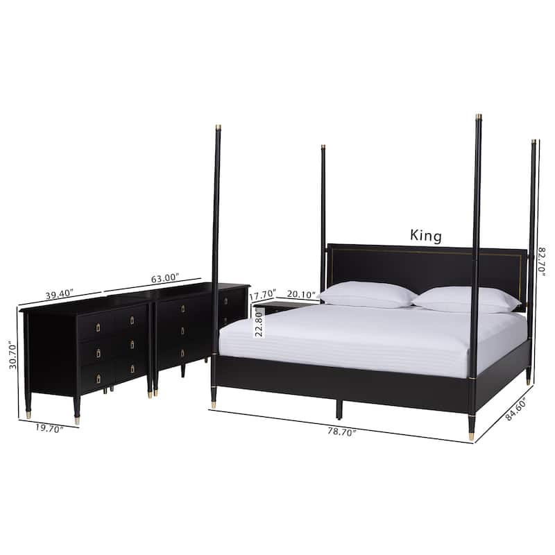 Baxton Studio Tamra Four-Poster Platform Bedroom Set - Black Wood Bed Frame with Matching Accents, Modern Transitional Furniture