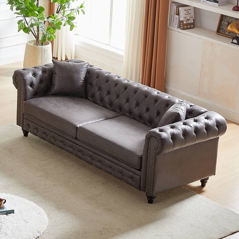Grey 85.5" Tech Fabric 3-Seater Chesterfield Sofa with Rolled Arms, 2 Cushions