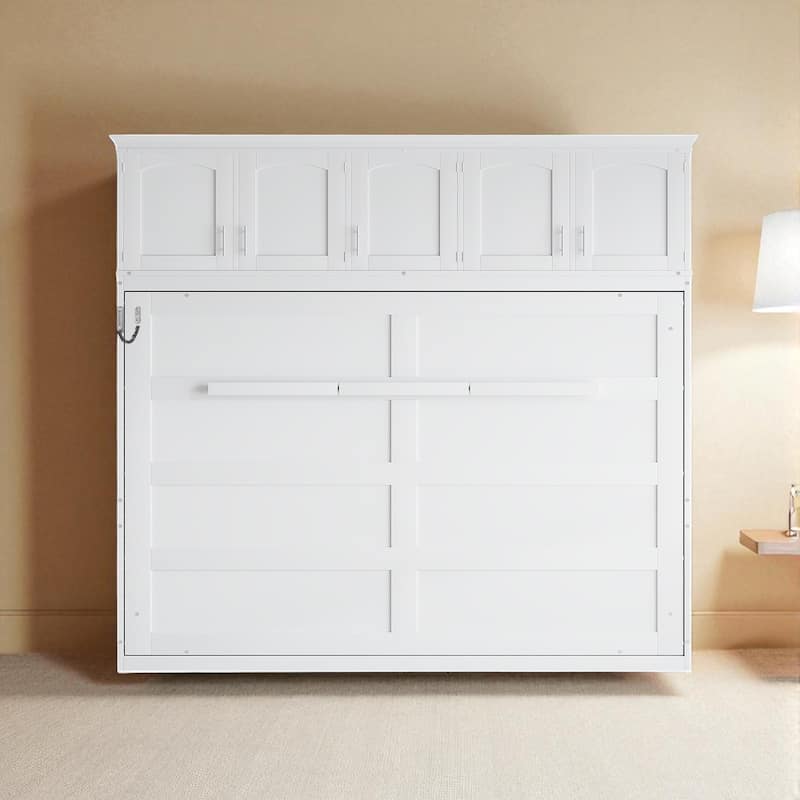 Queen Size Murphy Wall Bed with Top Cabinets, Space Saving Cabinet Bed with Storage, No Box Spring Needed - White - Queen