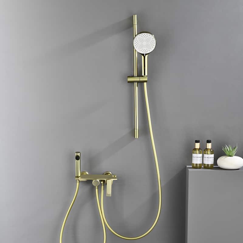 Wall Mount Tub Faucet with Hand Shower Brass Waterfall Tub Filler with Slide Bar Bahttub Faucet with Bidet Sprayer