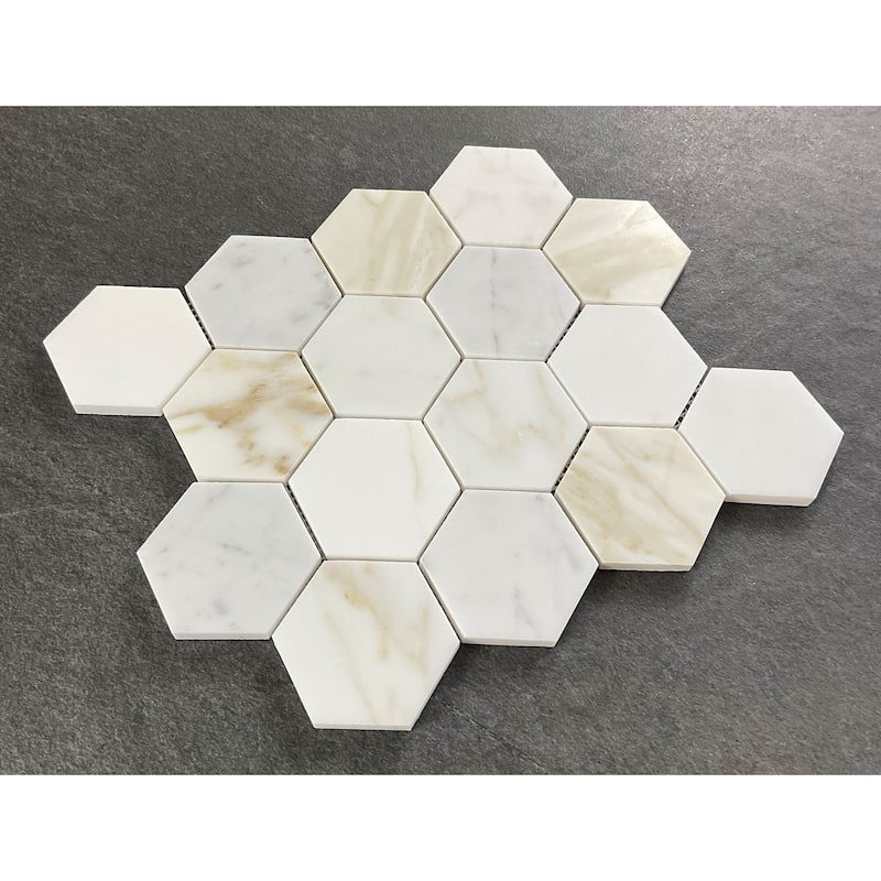 Calacatta Gold 3" Hexagon Marble Wall and Floor Mosaic - Case (5 sheets)