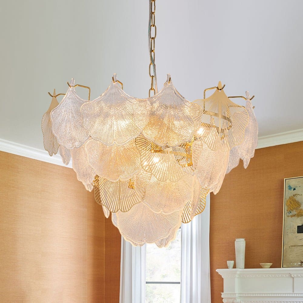 Stylish 8-Light Ginkgo Textured Glass Pendant Chandelier
