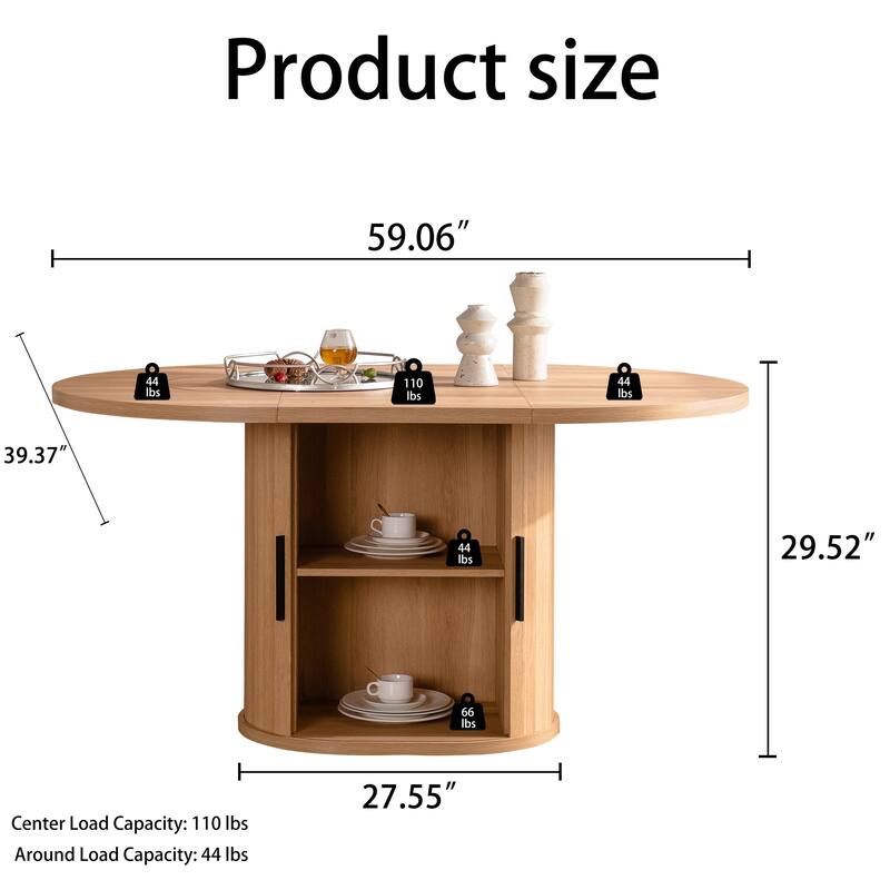 Oval Dining Table for 4-6 People, Wooden Kitchen Dining Table, Dining Table with 2 Layer Storage Shelf & Slide Door