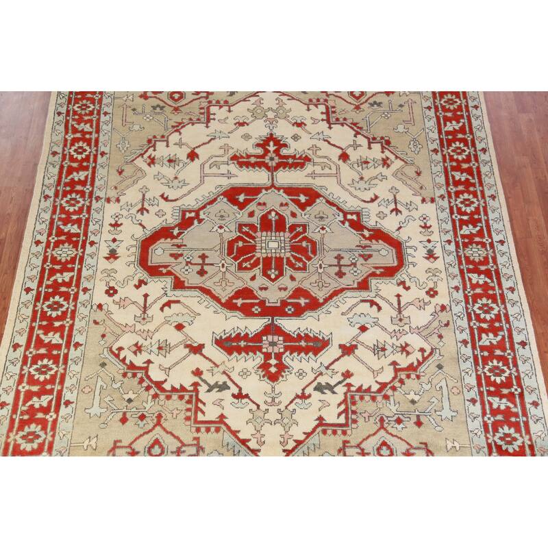 Hand Knotted Oriental 100% Wool Carpet Traditional Medallion Beige & Ivories Heriz (serapi) Area Rug - 11' 9'' X 8' 9''