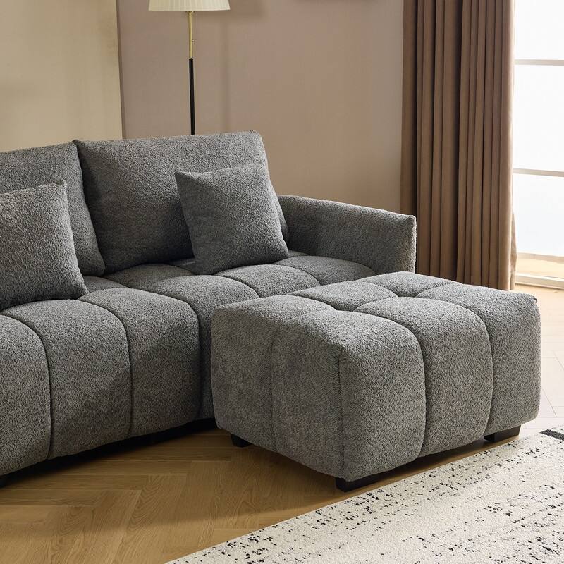 American Tufed Boucle Sofa with Ottoman - 3 Seat 1 Ottoman
