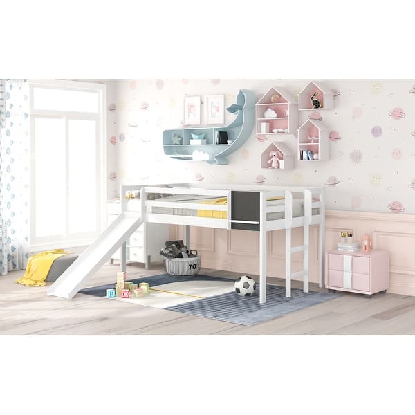slide 2 of 14, Convertible Slide Twin Loft Bed with Chalkboard & Stairs - Pine Wood White - Twin