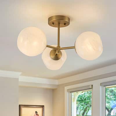 Modern 3-Light Globe Glass Ceiling Light Semi-Flush Mount Fixture for Living Room - Gold