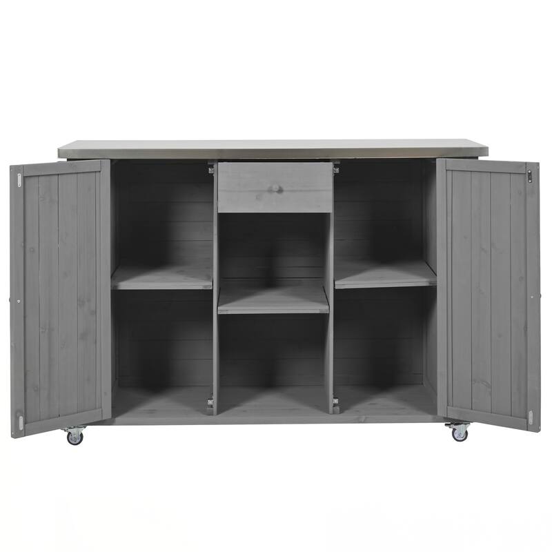 Outdoor Kitchen Island Fir Wood Kitchen Island with Stainless Steel Top, Ample Storage Space, Towel and Spice Racks