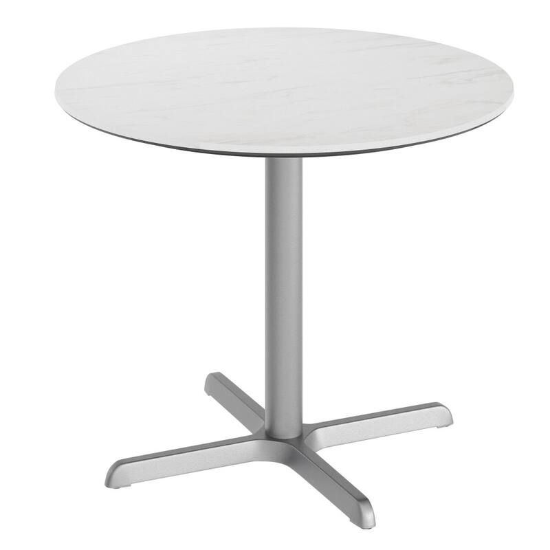 Commercial All-Weather HPL Tabletop with Crisscross Base - 36"W x 36"D x 31"H - White Faux Marble/Silver Base