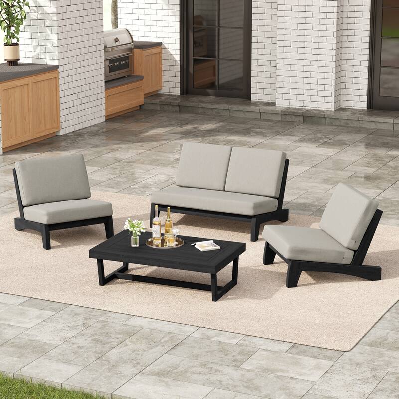 4 Set Outdoor Patio Teak Wood Club Chairs Loveseat with Cushion