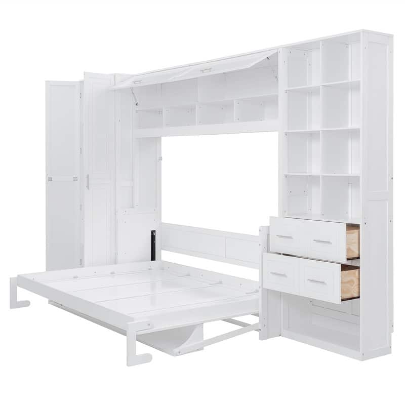 Full/Queen Size Murphy Bed Wall Bed with Closet, 2 Drawers and Storage Shelves, Folding Murphy Cabinet Bed with Top Cabinet