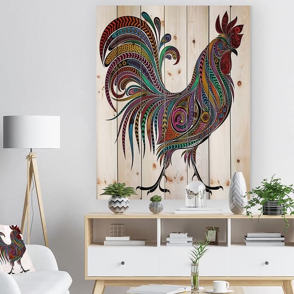 Designart undefined2017 Colored Patterns Roosterundefined Farmhouse Animal  Print on Natural Pine Wood - White - Overstock - 23107594