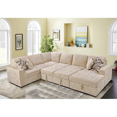 Sectional Sofa with Storage Chaise,Pull Out Bed and 4 Throw Pillows