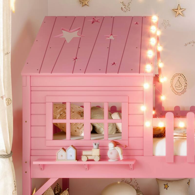 Twin Size House Loft Bed with Slide,Playhouse Bed with Star Moon-shaped Designs and Window, Chic Design with LED Lights