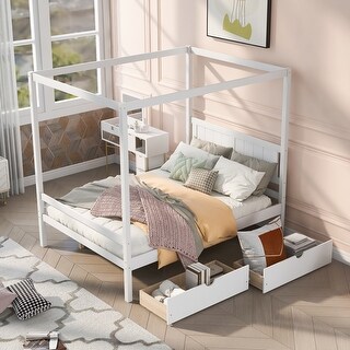 Full Size Canopy Platform Bed with Two Drawers - Modern Design, Storage Drawers, Suitable for Curtains