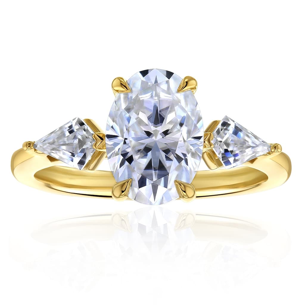 Kobelli 3.36 Carats Moissanite 14k Solid Yellow Gold One-of-a-Kind 3-Stone Kite Ring