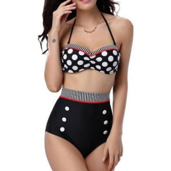 FeelinGirl Women Vintage Polka Dot High Waisted Bathing Suits Bikini Fuscia Navy
