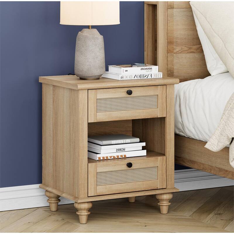 Farmhouse Nightstand Bedside Table, Wood 2-Drawer Side Table - Rattan Oak - 2-drawer
