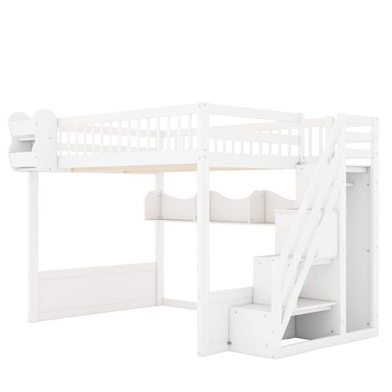 Queen Wooden Loft Bed with Storage Staircase, Wardrobe & Shelving by Harper&Bright Designs
