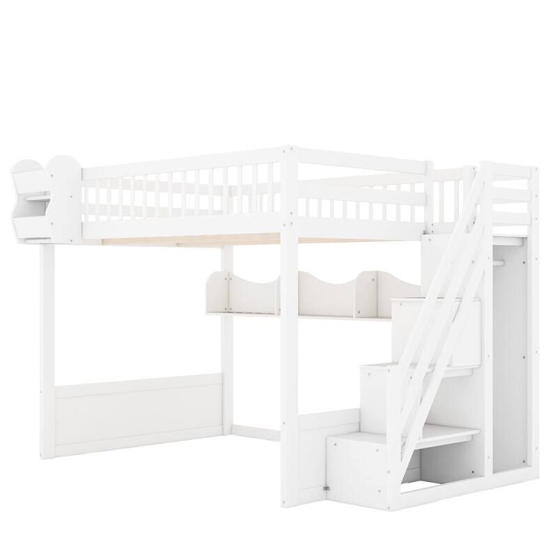Roomfitters Queen Size Loft Bed with Wardrobe, Storage Staircase and Shelves