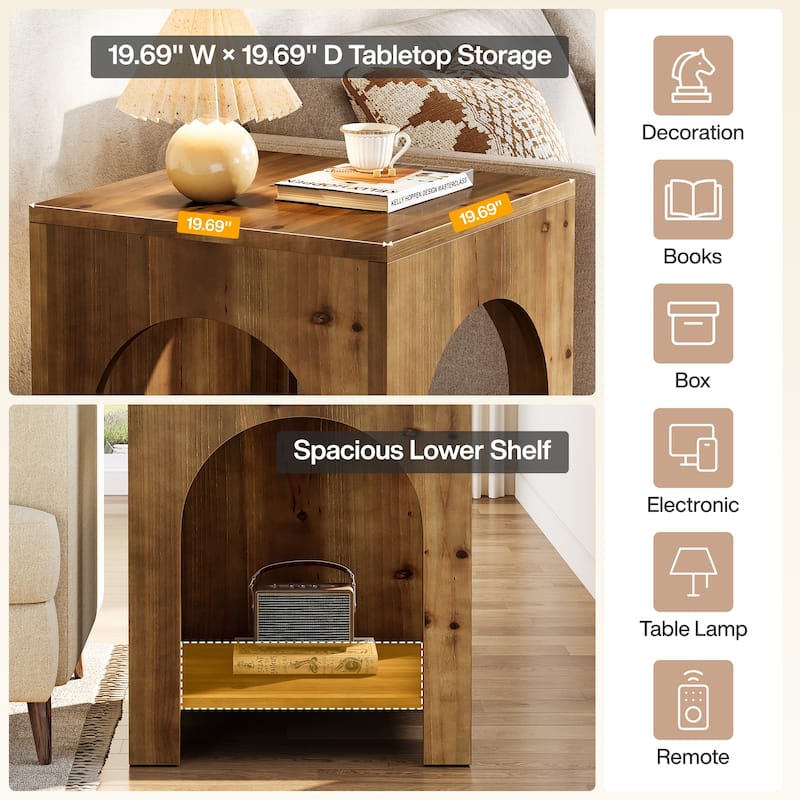2 Tier End Table for Living Room, Square Couch Side Table for Bedroom, Farmhouse Style